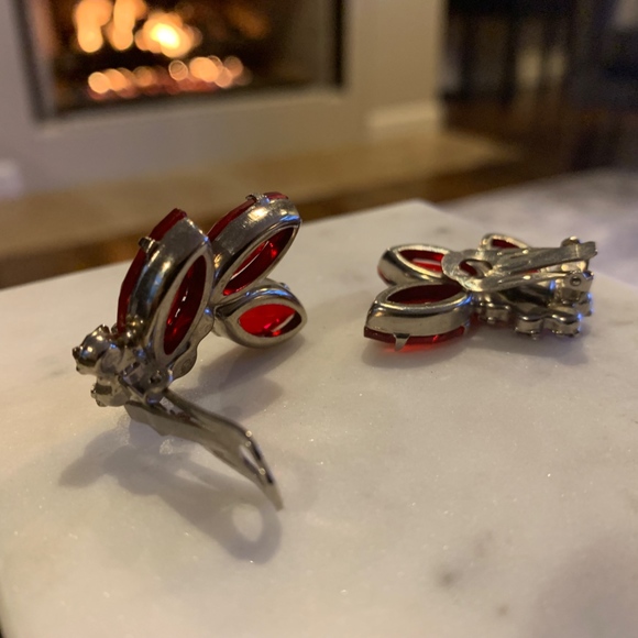 Vintage Faux-ruby and Silver-tone Clip-on Earrings - Picture 2 of 4